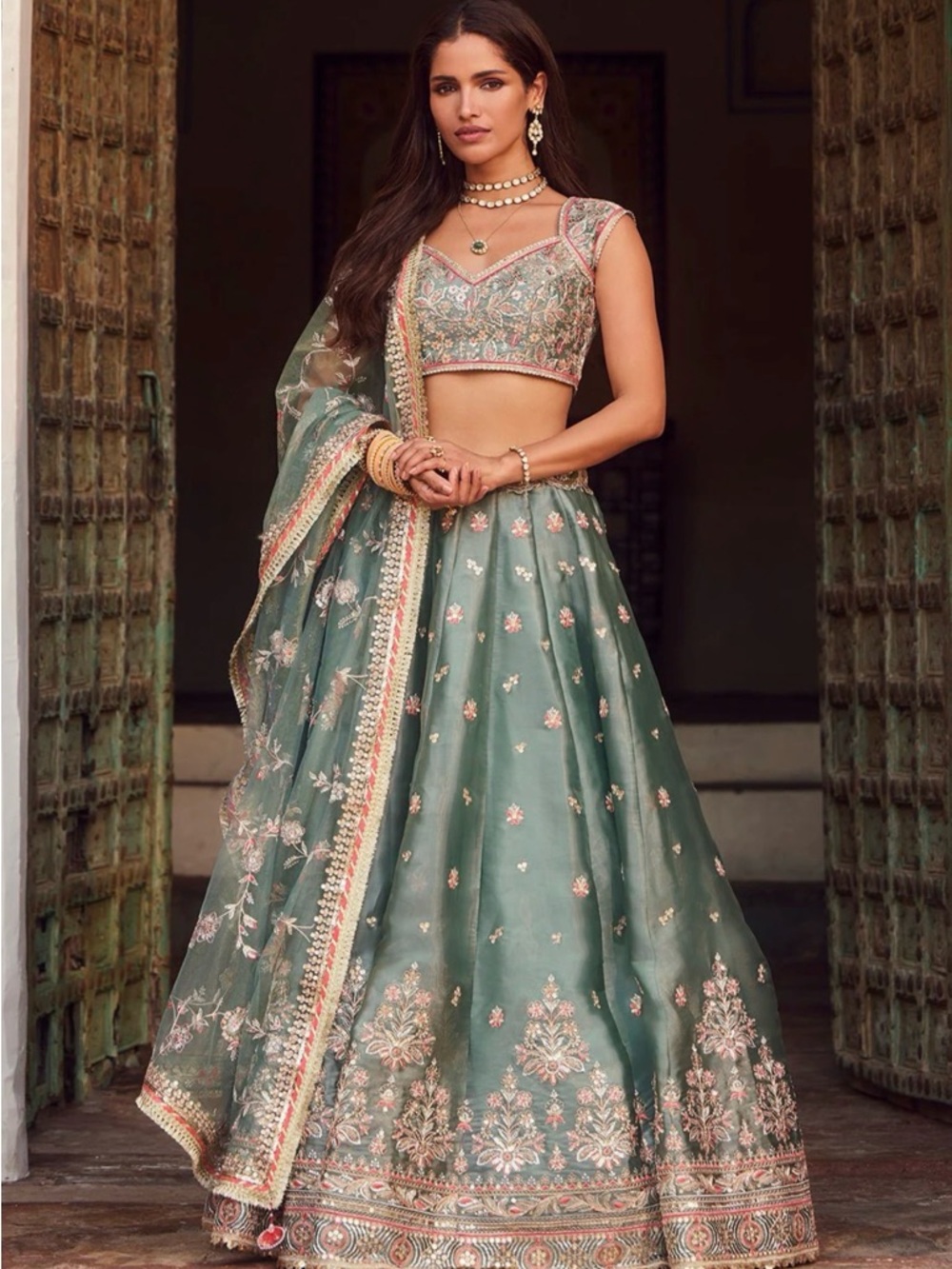 Embellished Sage Green Lehenga Set with Blouse and Dupatta